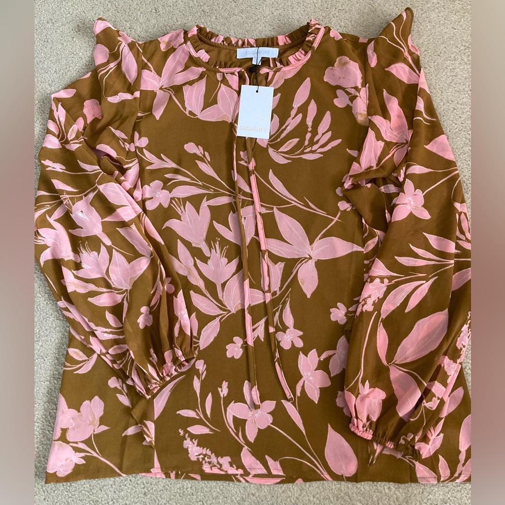 SUGARLIPS brown and pink floral balloon sleeve ruffle blouse. New size Large